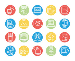 computers and education online icon set, line block style