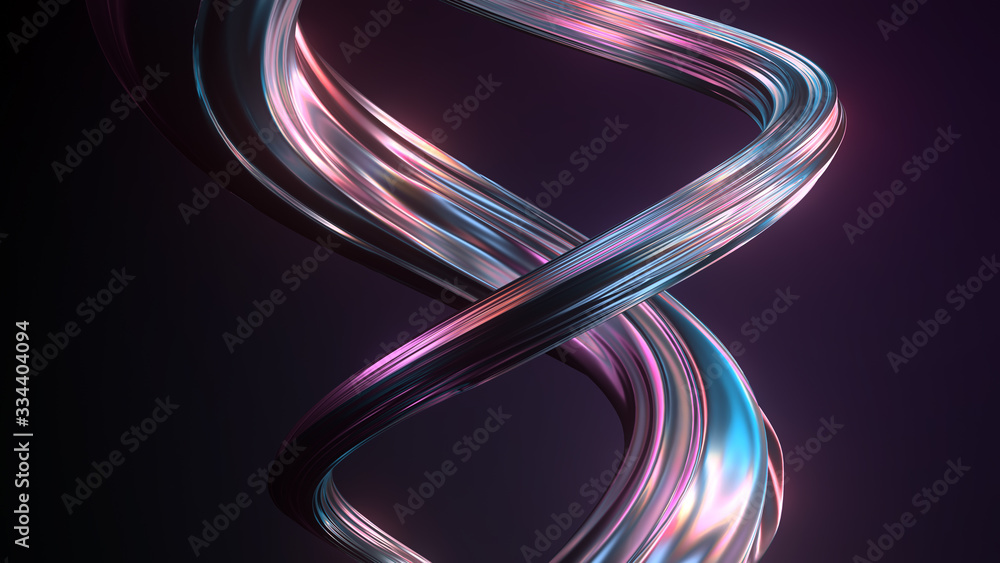Poster 3d render of twisted shape made of chrome material. iridescent colorful reflections...