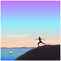 Woman doing yoga exercises by the sea. Yoga poses vector illustration.
