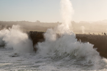 Fototapeta na wymiar Cliffs and blowholes after a storm at 'Bufones de Pria' , Asturias, Spain