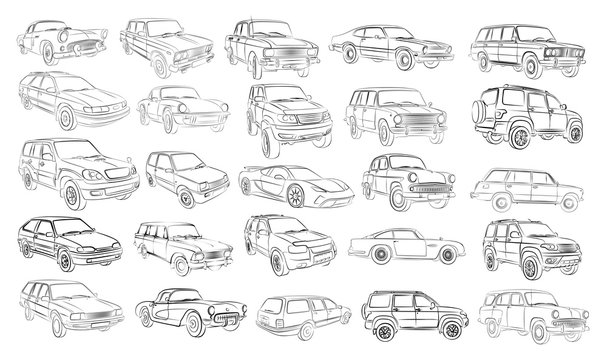 The Big set of car sketches. 