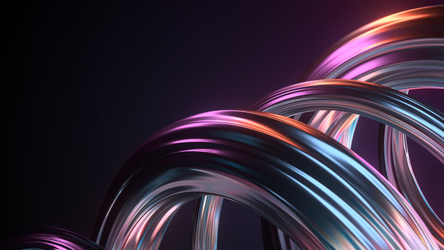 3d render of twisted shape made of chrome material. Iridescent  colorful reflections...