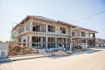 New residential house contemporary style building in progress at construction site