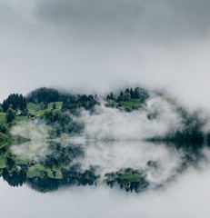 Naklejka na ściany i meble Abstract image with foggy forest that looks like sound-waves. 