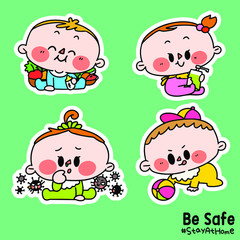 Kids Be Safe Stay at Home Corona COVID-19 Campaign Sticker Illustration C
