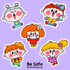 Fototapeta premium Kids Be Safe Stay at Home Corona COVID-19 Campaign Sticker Illustration D