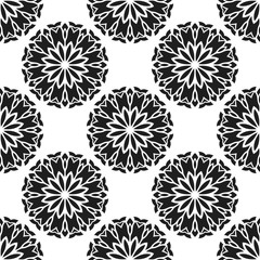 Seamless pattern with abstract flowers. Fashion textile print. Asian fabric background. Vector monochrome design. Perforation floral holes.