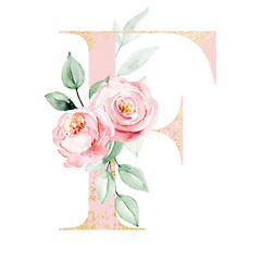 Letter F decorated watercolor painting flowers and leaf. Floral pink and gold monogram initials perfectly for wedding invitations, greeting card, logo, poster and other design. Holiday design.