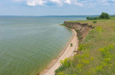 Spring landscape with wild beach on Dnipro river near Skelky village, Zaporizhia Oblast, Ukraine