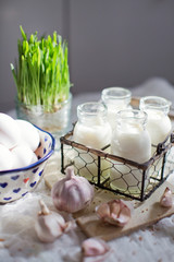 Eco farm products. Fresh eggs, milk and garlic