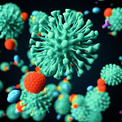 Stylized COVID virus closeup. Illustration with depth of field, 3d rendered.