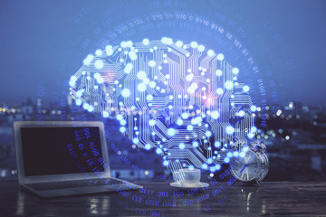 Double exposure of work table with computer and brain sketch hologram. Brainstorming concept.