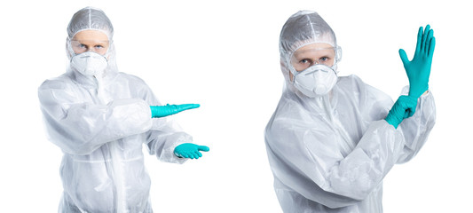 young Doctor wearing protection Suit for Fighting Covid-19 (Corona virus) with isolated white background.