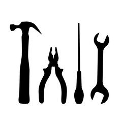 Set of black silhouettes of work tools isolated on white background. Pliers, screwdriver, hammer and wrench. Vector object for logos, icons and your design.