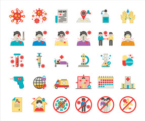 Coronavirus or covid-19 virus icons set for infographic or website. Conceptual sign and symbol created with grids for pixel perfect. Flat icon set.