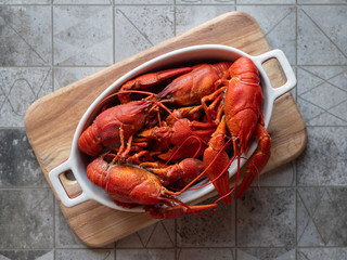 Boiled crayfish on the table.