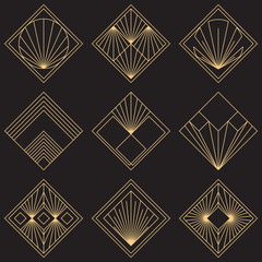 Sacred geometry signs. Art deco symbols. Set of golden icons. Mystical geometric elements. Art Deco diamond emblems. Wire outline gradient logos. Golden foil logotypes. Linear geometry tiles.