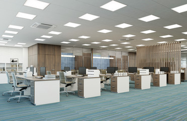 working space in open office with workdesks and computers 3d rendering