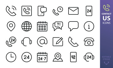 Contact us isolated icons set. Set of contact calling phone, helpdesk support, mobile phone chat, at sign, 24 hours working time, retro telephone, mail outline vector icon for website interface