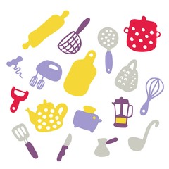 Doodle icons set of kitchen appliances and objects. Hand-drawn cooking items. Household appliances and housewares.