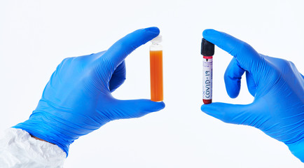 Coronavirus, Doctor holding positive covid-19 virus Blood Sample tube white background