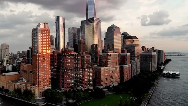 Time lapse effect of American downtown of New York with commercial residential offices, bird's eye view from helicopter of modern skyscraper buildings and condominium hotels 