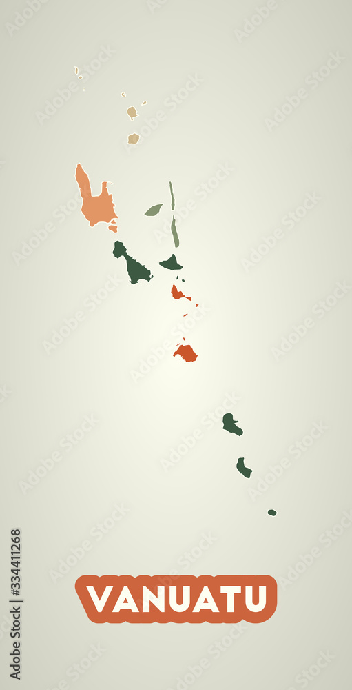 Poster vanuatu poster in retro style. map of the country with regions in autumn color palette. shape of van