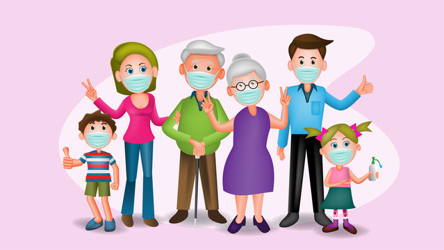 The cartoon illustration picture of a big family that wear face mask and ready to fight with Covid-19 spread disease. ( vector )