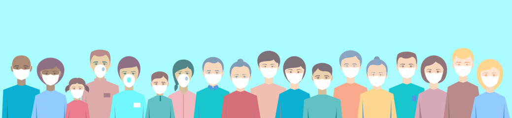 Group of people wearing medical masks to prevent disease, flu, air pollution, contaminated air, world pollution. Vector illustration in a flat style