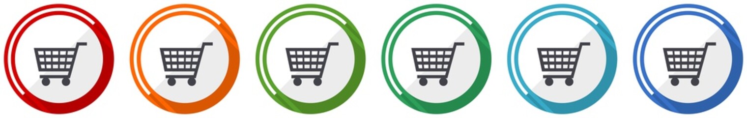 Shopping cart icon set, shop, trolley flat design vector illustration in 6 colors options for webdesign and mobile applications © Alex White