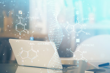 Desktop computer background and DNA drawing. Double exposure. Science concept.