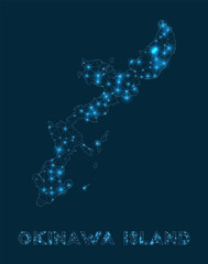 Okinawa Island network map. Abstract geometric map of the island. Internet connections and telecommunication design. Artistic vector illustration.