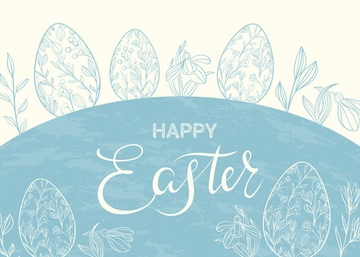 Happy easter. Banner / background with painted eggs and plants