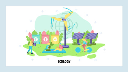 Green energy and renewable power sources, wind turbine, solar panels. Environment eco concept, ecology, waste sorting, sustainable lifestyle. Vector web site landing page website illustration.