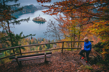 Trail Run in Bled lake, Slovenia. Famous Church on Island in background