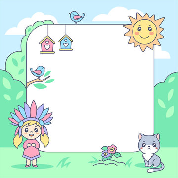 Cartoon pastel children summer frame with girl costume and cute cat vector illustration. Colored natural forest landscape festive kid template birthday invitation with place for photo or text