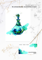 Watercolor bottle of perfume, green glass. Splashes and streaks of emerald paint and ink. Trendy background and card for text.