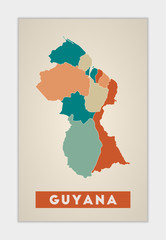 Guyana poster. Map of the country with colorful regions. Shape of Guyana with country name. Authentic vector illustration.