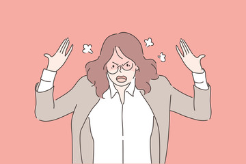 Anger, agression, stress, depression, nervous breakdown, business concept. Angry mad furious businesswoman, girl clerk manager yelling. Nervous breakdown. Raising of stress level and mental hysterics.