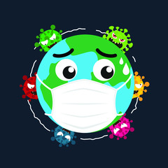 The Earth wears a mask to prevent the spread of the corona virus or covid-19/Angry corona virus illustration/ Corona virus attacking earth, globe wearing mask. 
