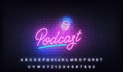 Podcast neon. Glowing podcast lettering sign template