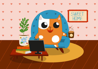 A cute cartoon cat sits in a chair and relaxes in a living room, vector illustration.