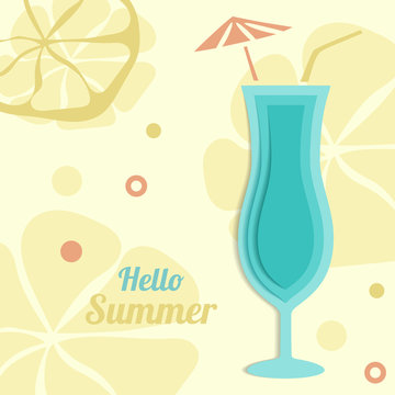 Summer paper background. Layered cocktail and lemons. Abstract modern 3D banner. Vector illustration drink and citrus fruits in origami style. Papercraft lemonade. Modern retro design paper, wallpaper