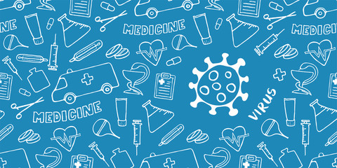 Medical background with virus icon. Medicine seamless doodle pattern. Hand drawn health care, pharmacy, chemical cartoon header. Vector illustrations.