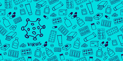Medical background with virus icon. Medicine seamless doodle pattern. Hand drawn health care, pharmacy, chemical cartoon header. Vector illustrations.