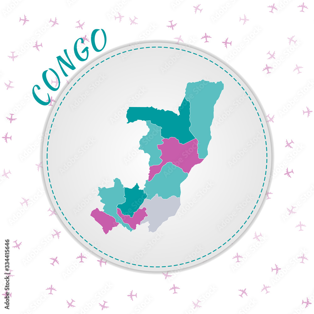 Poster congo map design. map of the country with regions in emerald-amethyst color palette. rounded travel 
