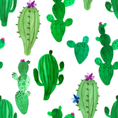 Watercolor illustration of green ink desert cactus pattern with flowers isolated on white background