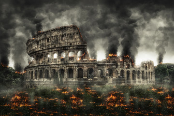 Colosseum, Rome on fire with thick smoke