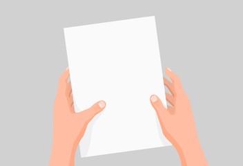 Cartoon human hands hold clear paper sheet template vector graphic illustration. Colored male arms with white empty blank page document isolated on gray background. Concept of advertisement design