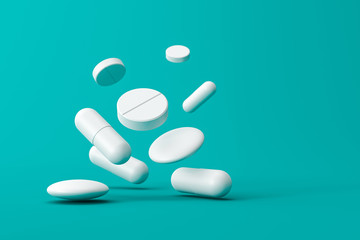 Close up of white pills or aspirin tablets on green background with pharmacy and medical concept. White capsule or drugs. 3D rendering. - obrazy, fototapety, plakaty